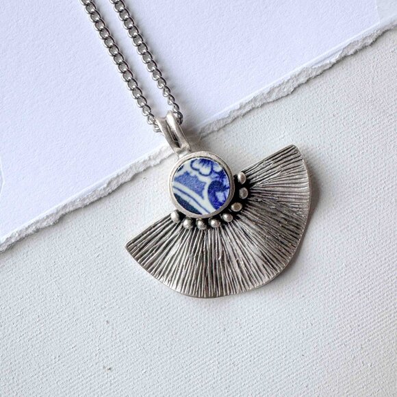 Blue White Ceramic Pendant Necklace Silver Fan Statement Necklace - Picture 6 of 9